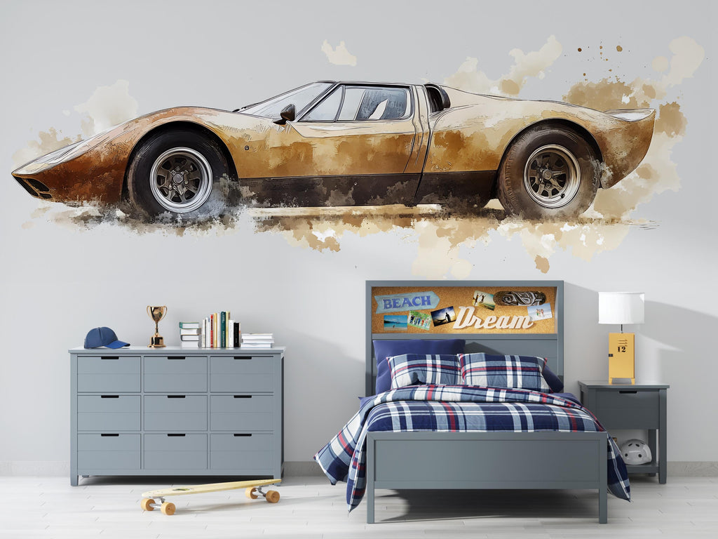 Vintage Racing Car Wall Decal | Mud Splash Car Wall Sticker | Boys Room Decor | Classic Sports Car Wall Art | Peel And Stick Decal