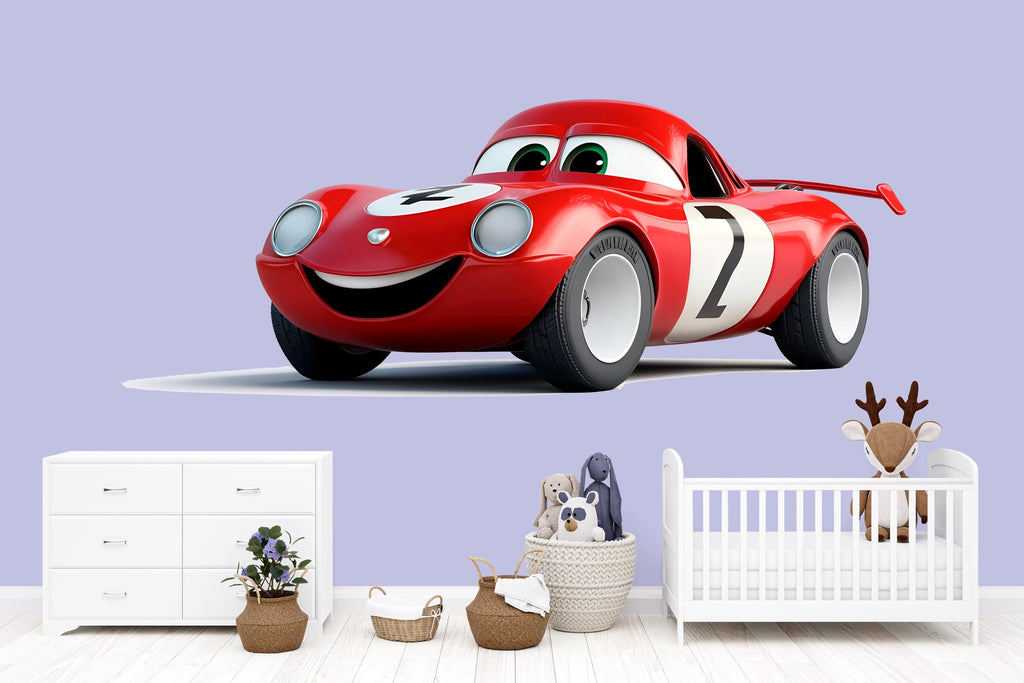 Cute Racing Car Wall Decal | Cartoon Car Nursery Wall Sticker | Kids Room Car Decor | Baby Boy Nursery Wall Art | Peel And Stick Car Decal