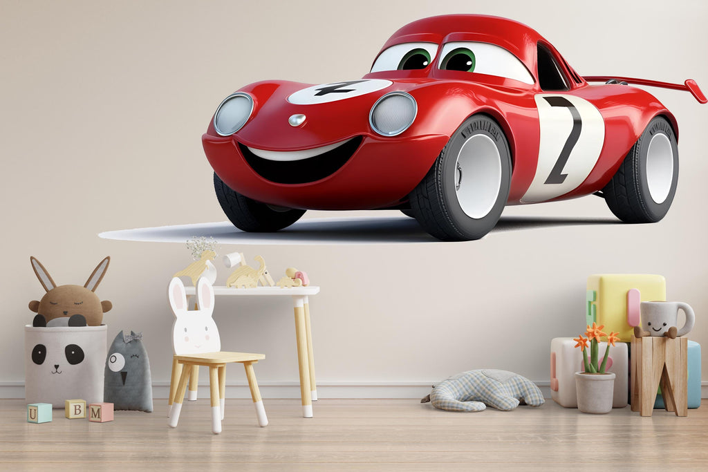 Cute Racing Car Wall Decal | Cartoon Car Nursery Wall Sticker | Kids Room Car Decor | Baby Boy Nursery Wall Art | Peel And Stick Car Decal