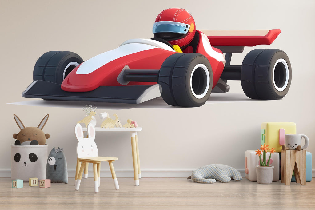 Cute Formula Racing Car Wall Decal | Kids Nursery Race Car Sticker | Baby Boy Room Wall Art | Cartoon Racing Car Peel And Stick