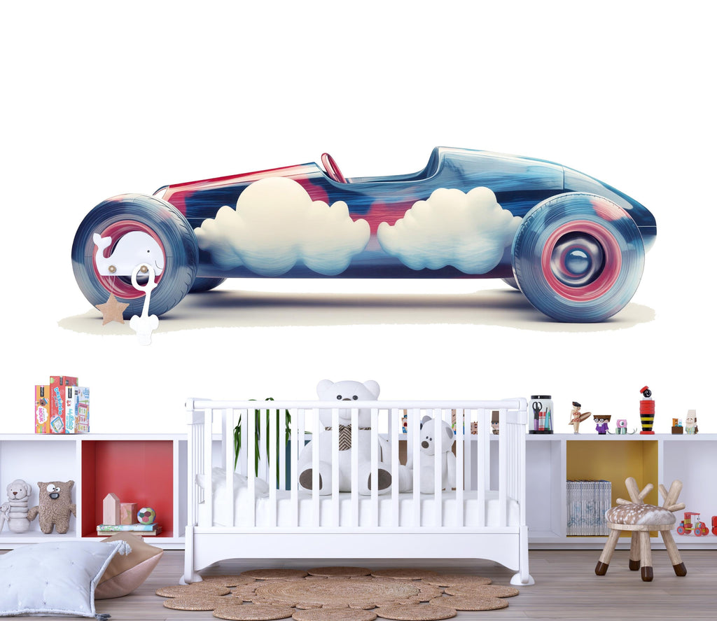 Dreamy Cloud Race Car Wall Decal | Nursery Car Wall Sticker | Baby Boy Room Decor | Vintage Racing Car Peel And Stick Wall Art
