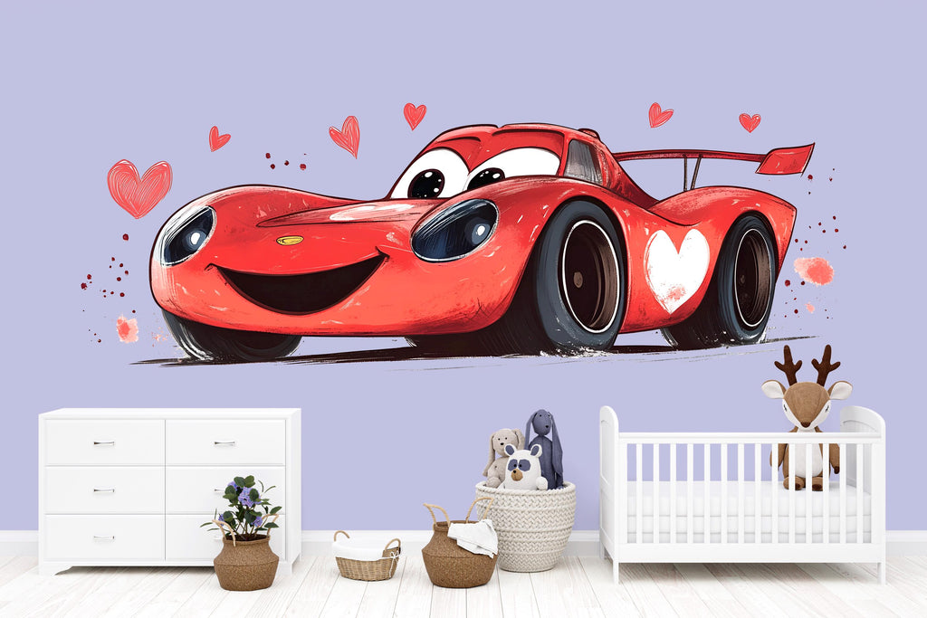 Cute Heart Race Car Wall Decal | Nursery Car Wall Sticker | Baby Room Decor | Cartoon Racing Car Peel And Stick Wall Art