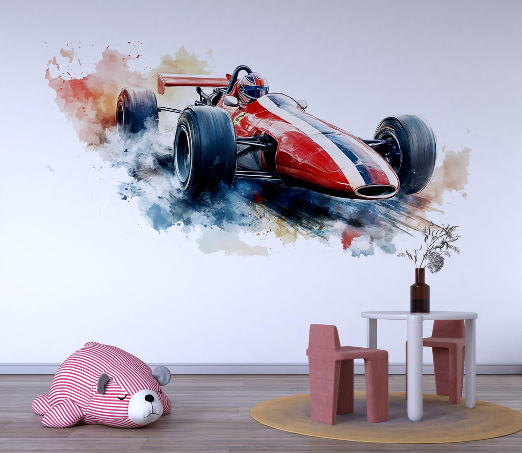 Watercolor Formula Race Car Wall Decal | Racing Car Wall Sticker | Kids Room Wall Art | Modern Car Nursery Decor | Peel And Stick