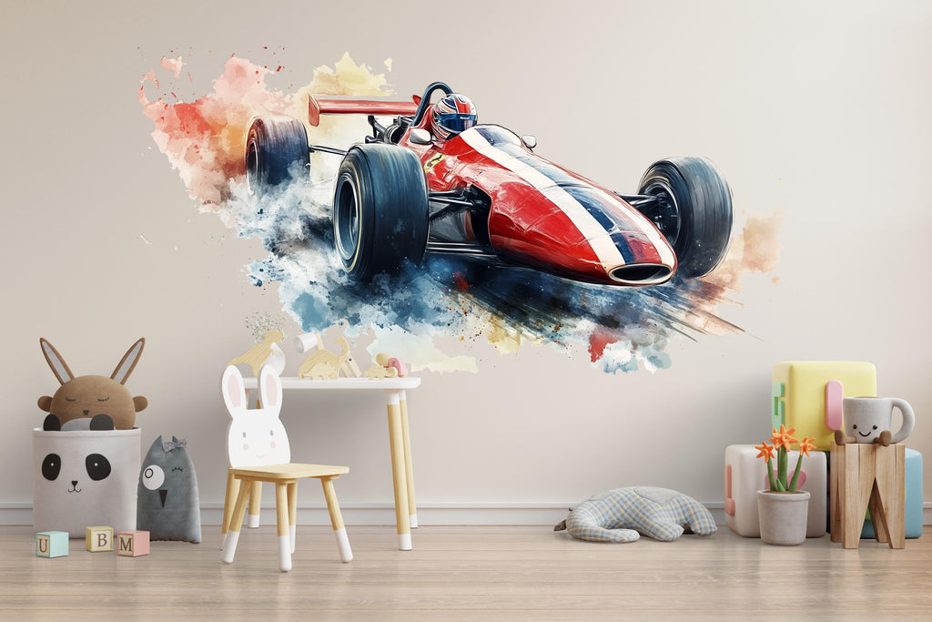 Watercolor Formula Race Car Wall Decal | Racing Car Wall Sticker | Kids Room Wall Art | Modern Car Nursery Decor | Peel And Stick