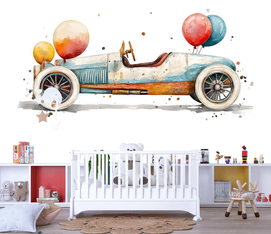 Vintage Car Wall Decal With Balloons | Watercolor Nursery Wall Art | Kids Room Wall Sticker | Classic Car Decor | Peel And Stick