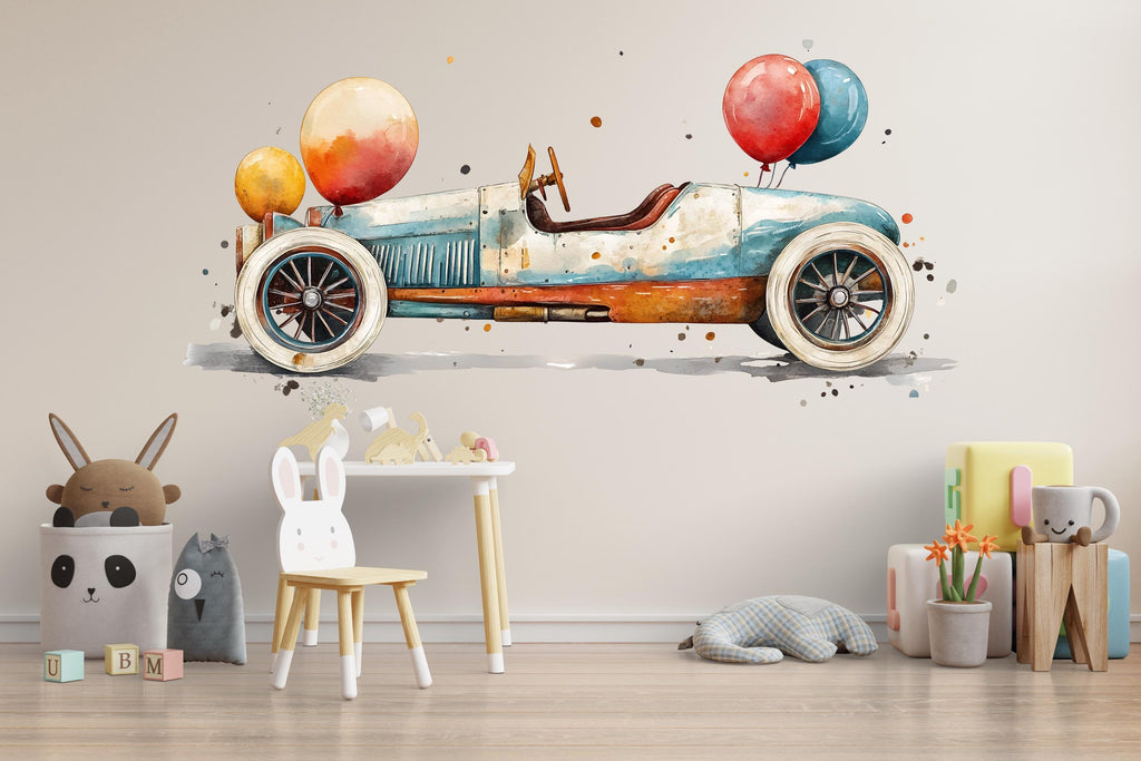 Vintage Car Wall Decal With Balloons | Watercolor Nursery Wall Art | Kids Room Wall Sticker | Classic Car Decor | Peel And Stick