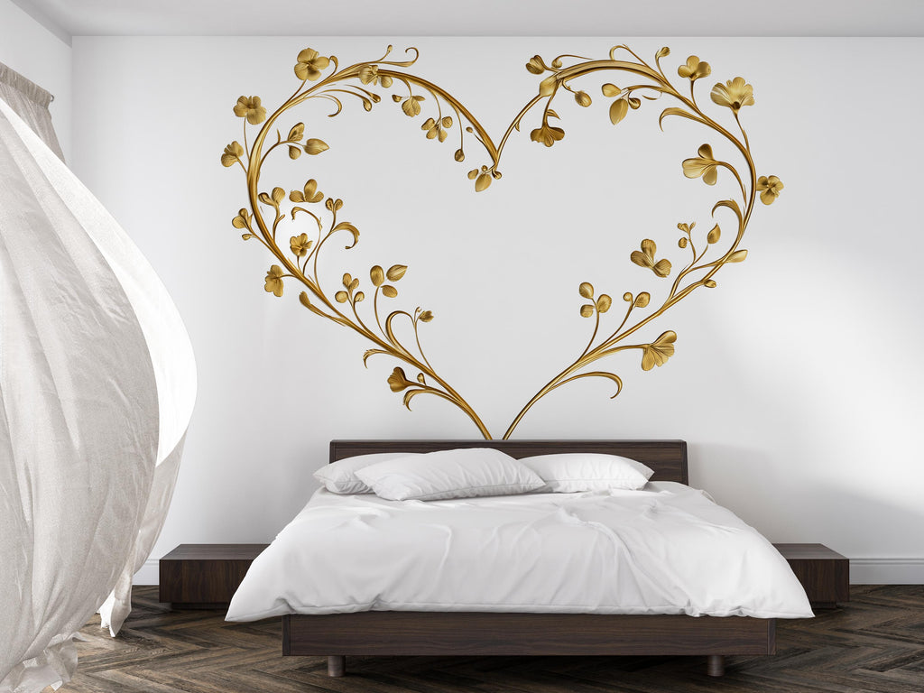 Gold Floral Heart Wall Decal | Romantic Wall Sticker | Botanical Heart Wall Art | Bedroom Wall Decor | Peel And Stick Floral Decal