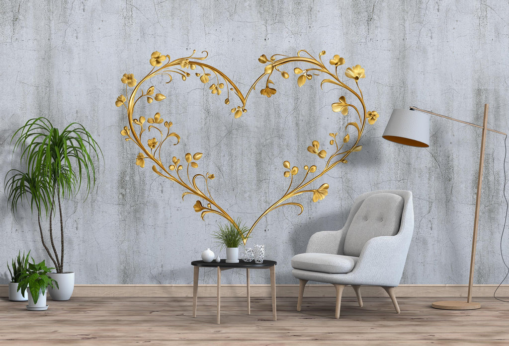 Gold Floral Heart Wall Decal | Romantic Wall Sticker | Botanical Heart Wall Art | Bedroom Wall Decor | Peel And Stick Floral Decal
