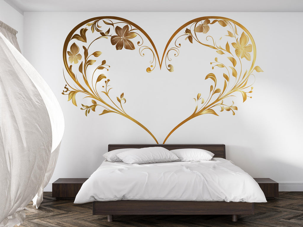 Gold Floral Heart Wall Decal | Elegant Botanical Heart Wall Sticker | Romantic Wall Art | Bedroom Wall Decor | Peel And Stick Wall Decal