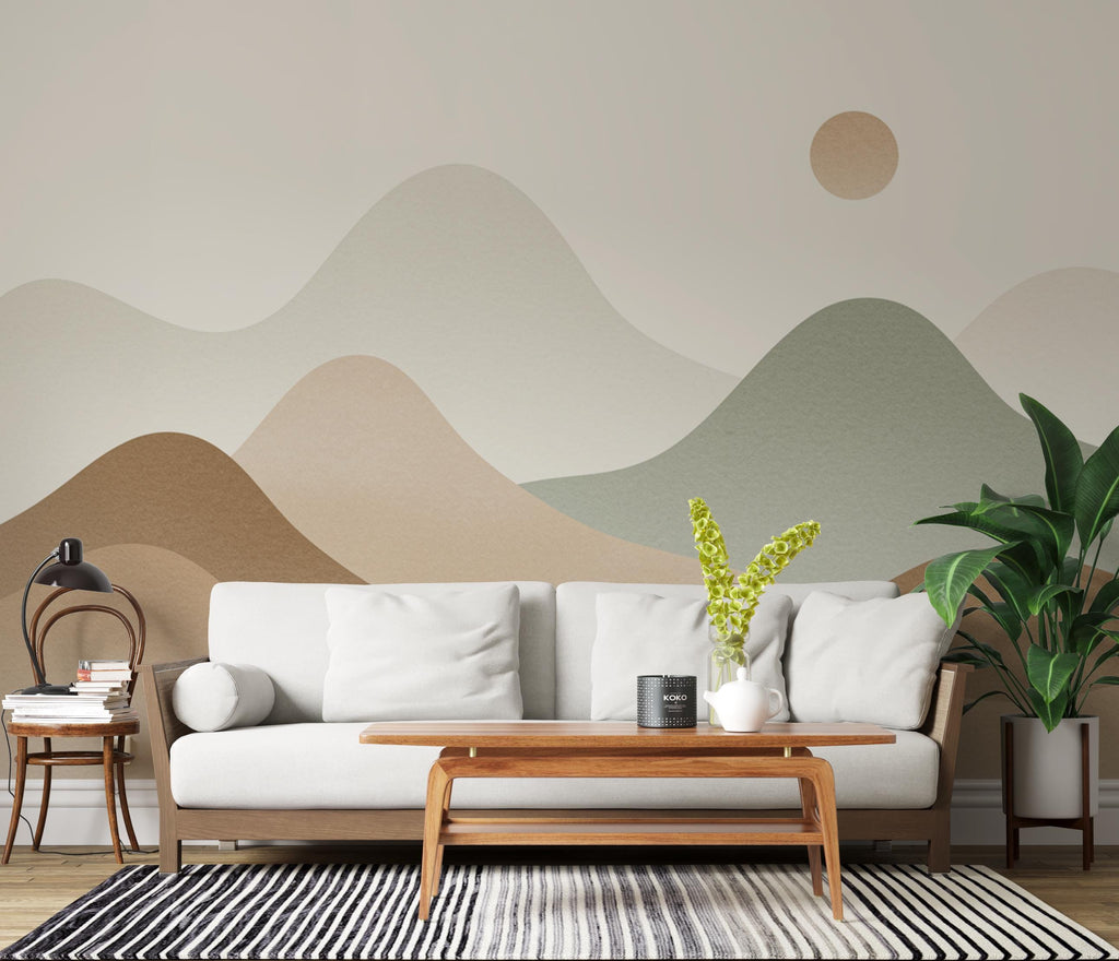 Minimal Mountain Nursery Mural · Watercolor Landscape Wallpaper · Neutral Sage Beige Wall Art · Gender Neutral Nursery Decor 227DE