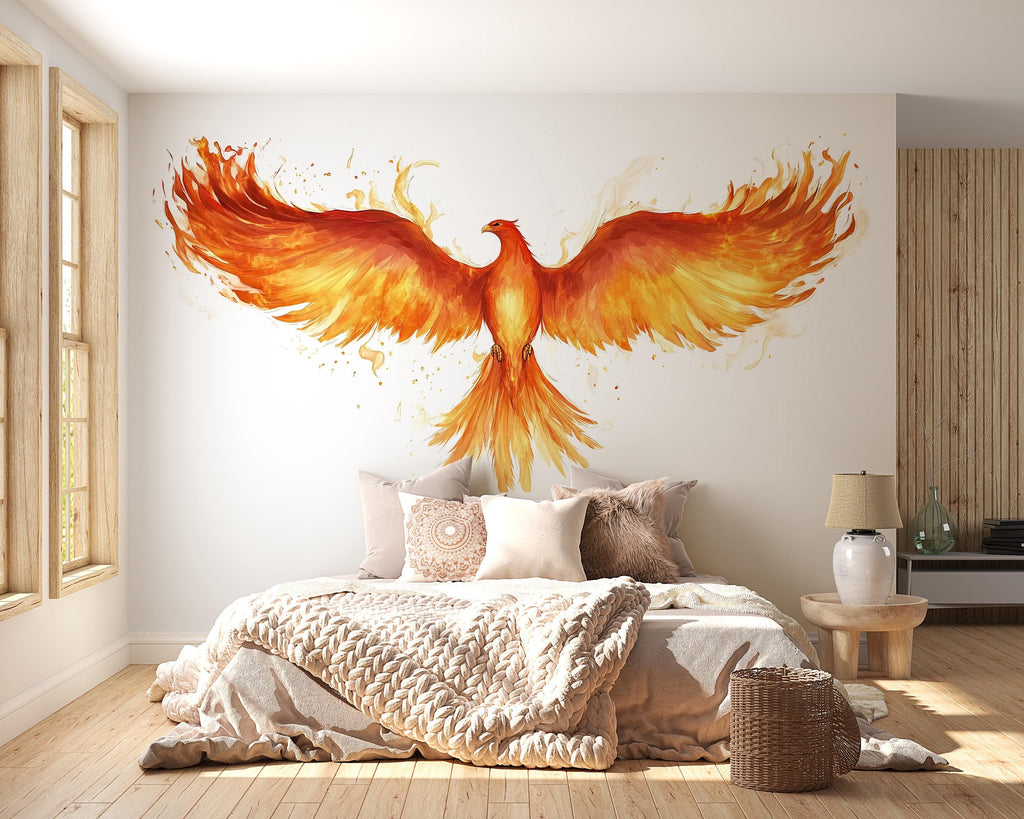 Golden Fire Phoenix Wall Decal Mythical Flame Bird Sticker Fantasy Wall Art For Living Room Bedroom Office Statement Decor