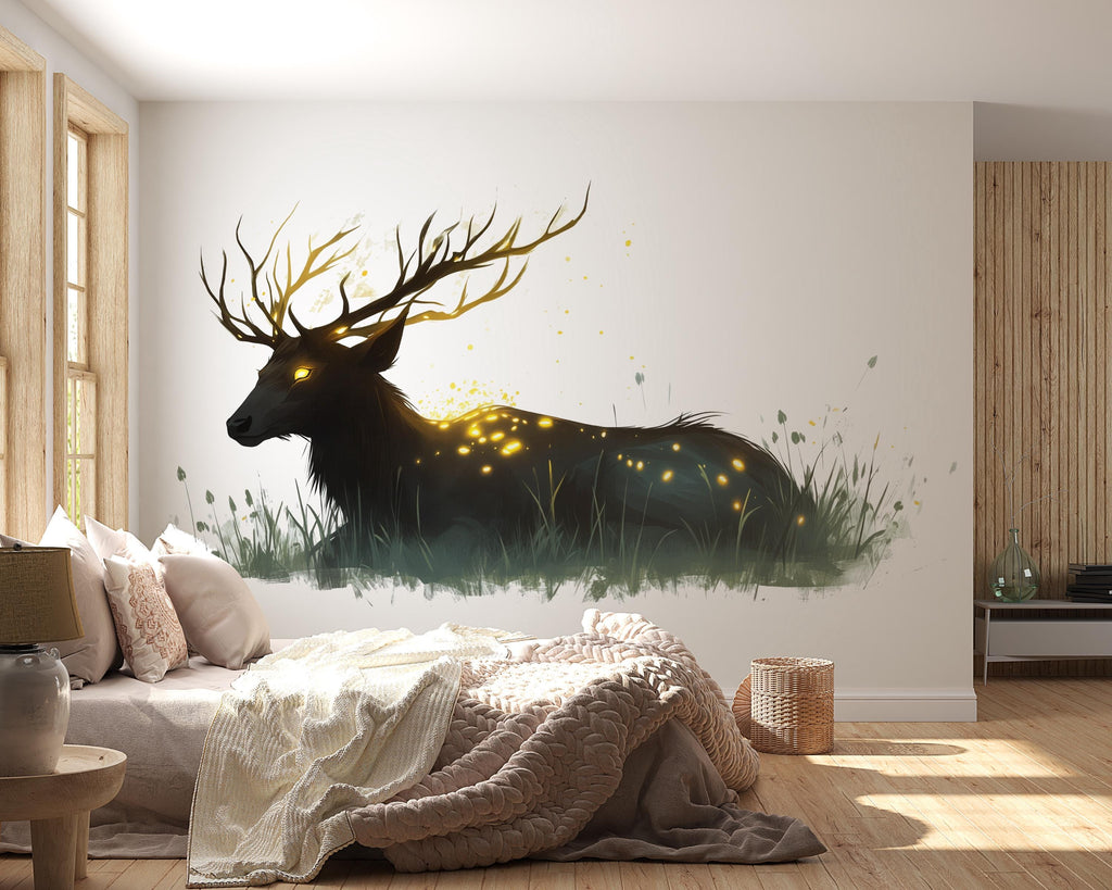 Mystical Stag Wall Decal Glowing Deer Sticker Fantasy Forest Wall Art For Bedroom Living Room Office Woodland Decor