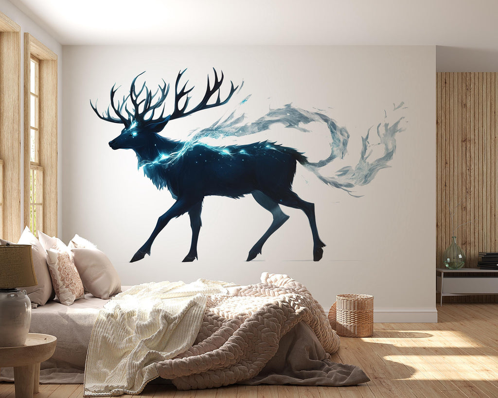 Ethereal Spirit Stag Wall Decal Glowing Blue Deer Sticker Fantasy Forest Wall Art For Bedroom Living Room Office Mystical Decor