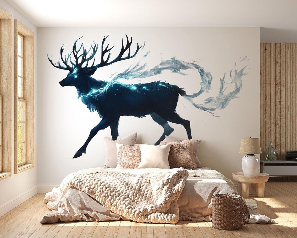 Ethereal Spirit Stag Wall Decal Glowing Blue Deer Sticker Fantasy Forest Wall Art For Bedroom Living Room Office Mystical Decor