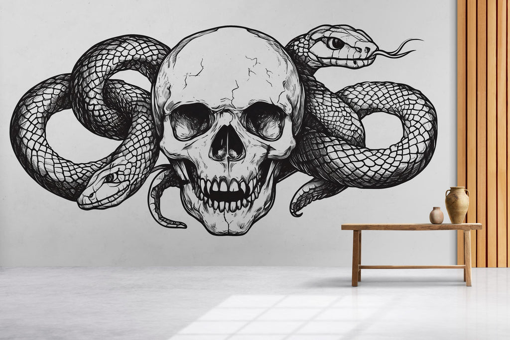 Skull And Snake Wall Decal Gothic Skull Wall Art Serpent Wall Sticker Dark Modern Decor Peel And Stick Wall Decal
