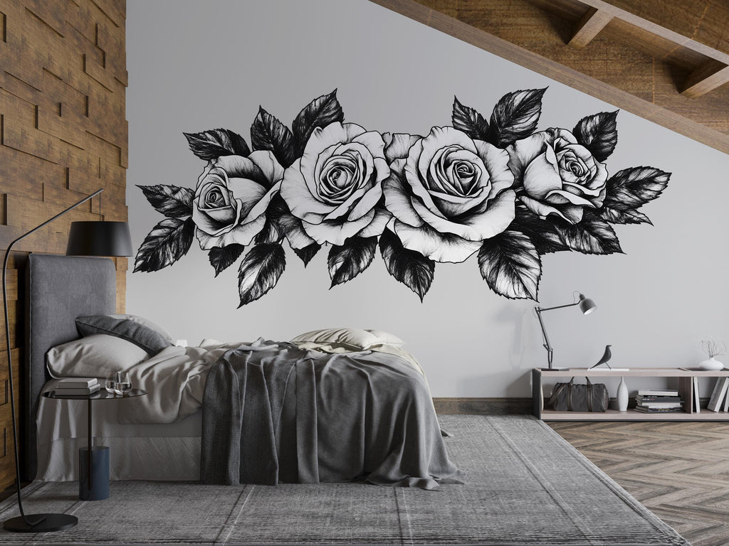 Black And White Rose Wall Decal Floral Wall Art Rose Wall Sticker Minimalist Bedroom Decor Peel And Stick Wall Decal