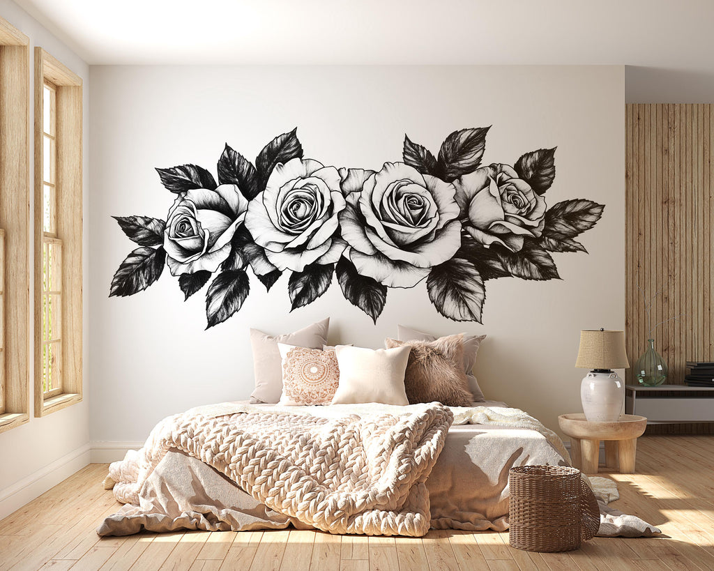 Black And White Rose Wall Decal Floral Wall Art Rose Wall Sticker Minimalist Bedroom Decor Peel And Stick Wall Decal