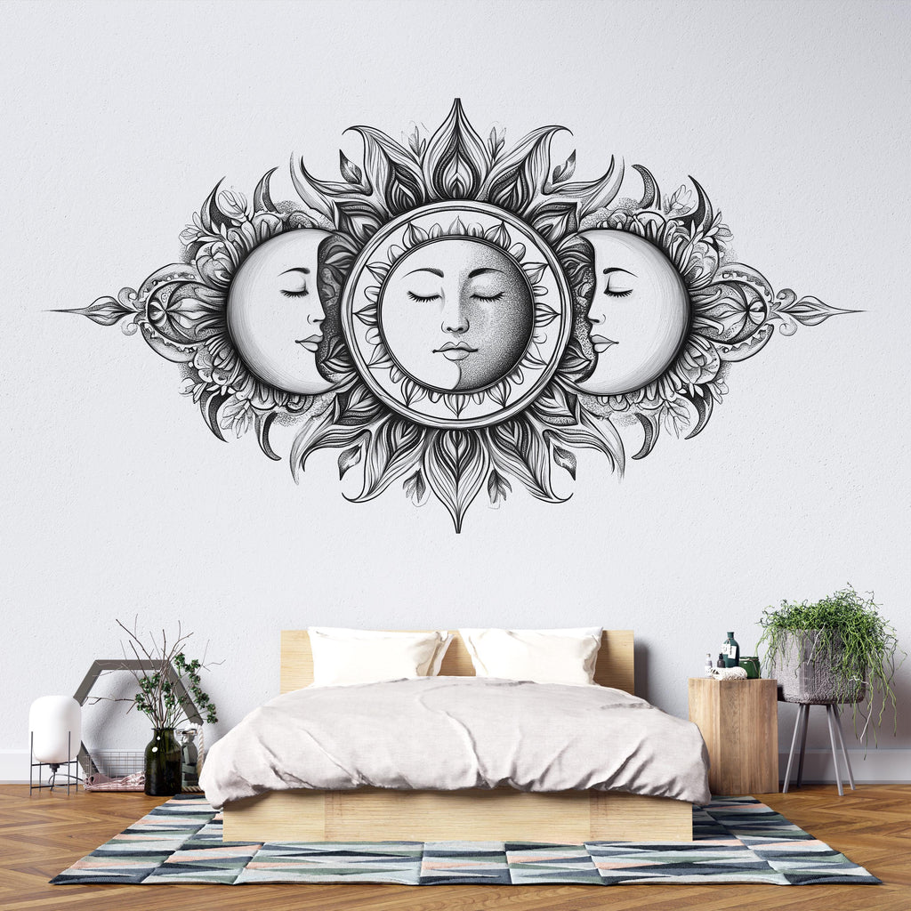 Celestial Sun And Moon Wall Decal Boho Wall Art Astrology Wall Sticker Sun Moon Face Bedroom Wall Decor Peel And Stick Wall Decal