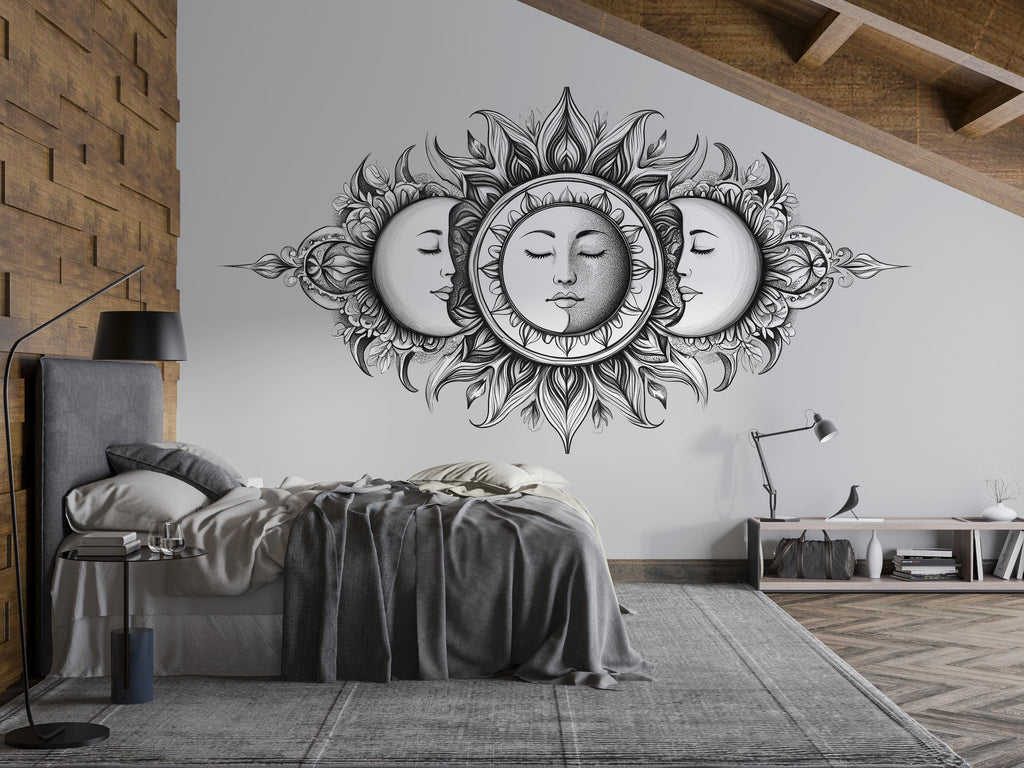Celestial Sun And Moon Wall Decal Boho Wall Art Astrology Wall Sticker Sun Moon Face Bedroom Wall Decor Peel And Stick Wall Decal