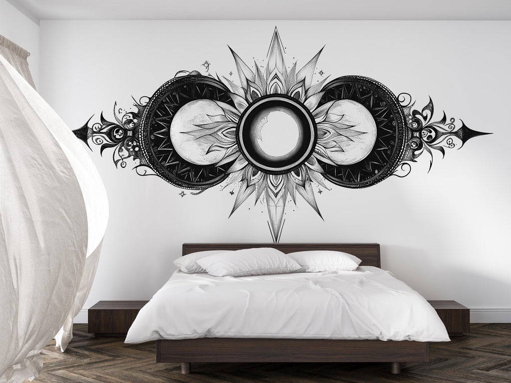 Celestial Eclipse Wall Decal Triple Moon Mandala Wall Art Astrology Moon Phase Decor Boho Spiritual Peel And Stick Wall Sticker