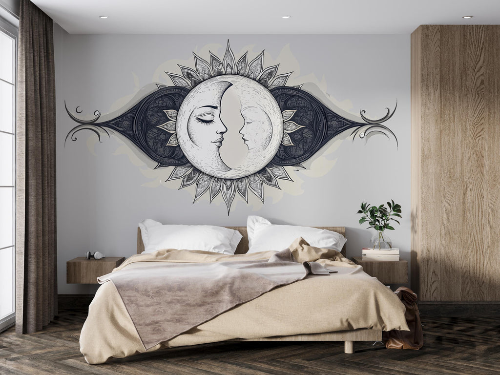 Celestial Twin Moon Wall Decal Eclipse Moon Phase Mandala Wall Art Astrology Boho Bedroom Peel And Stick Wall Sticker