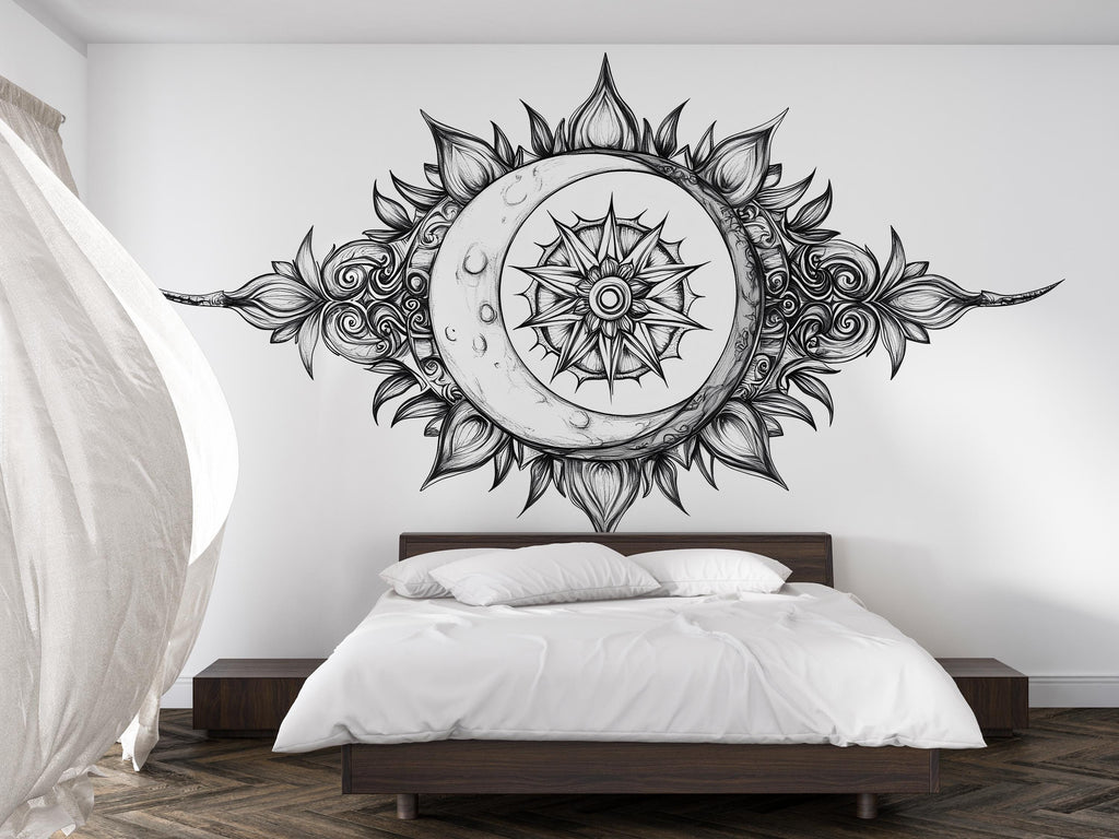 Celestial Crescent Moon Mandala Wall Decal Astrology Boho Bedroom Wall Art Peel And Stick Moon Phase Wall Sticker