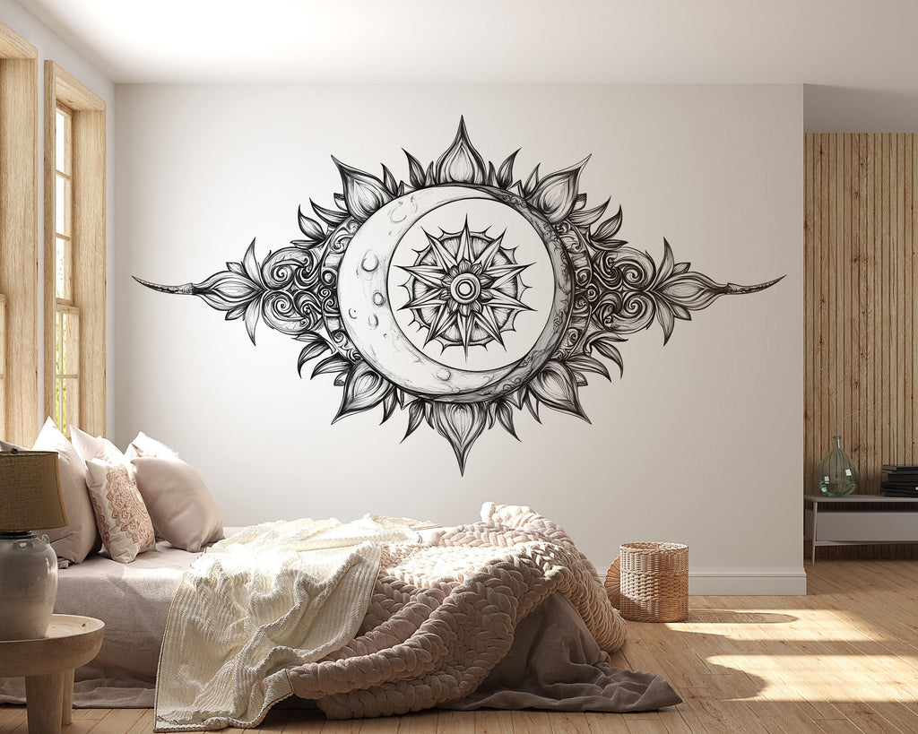 Celestial Crescent Moon Mandala Wall Decal Astrology Boho Bedroom Wall Art Peel And Stick Moon Phase Wall Sticker