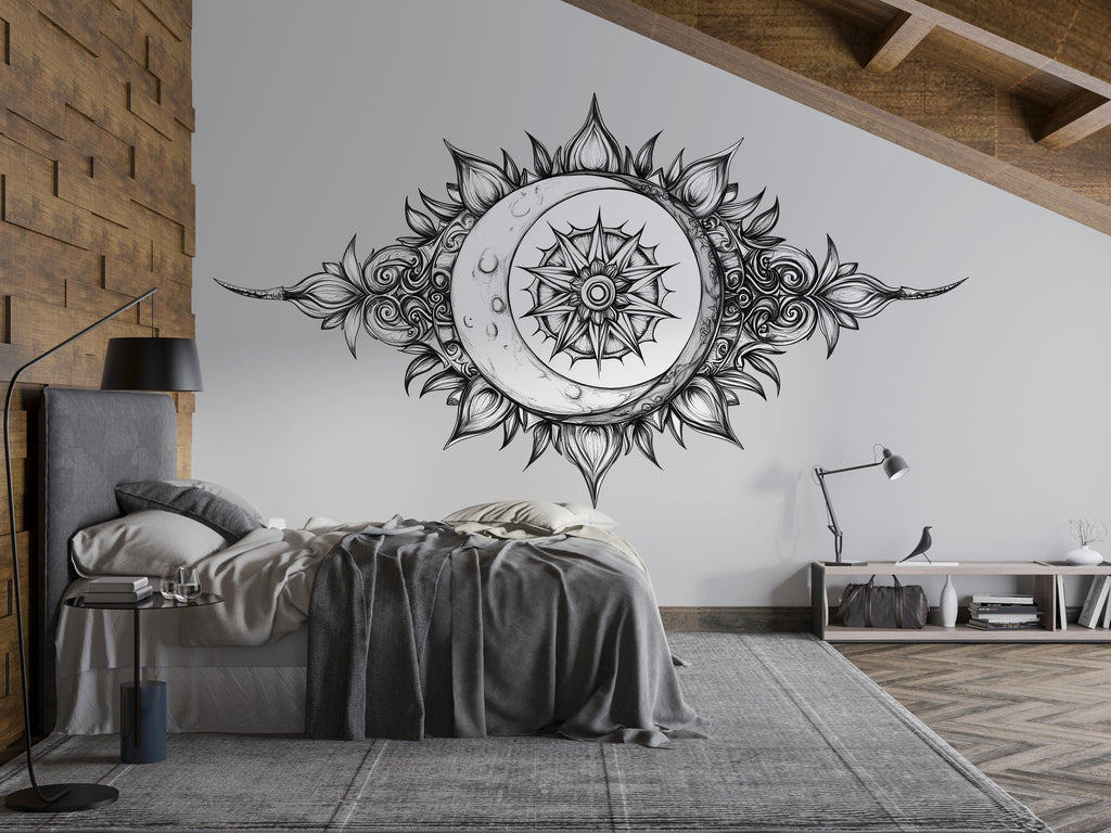 Celestial Crescent Moon Mandala Wall Decal Astrology Boho Bedroom Wall Art Peel And Stick Moon Phase Wall Sticker