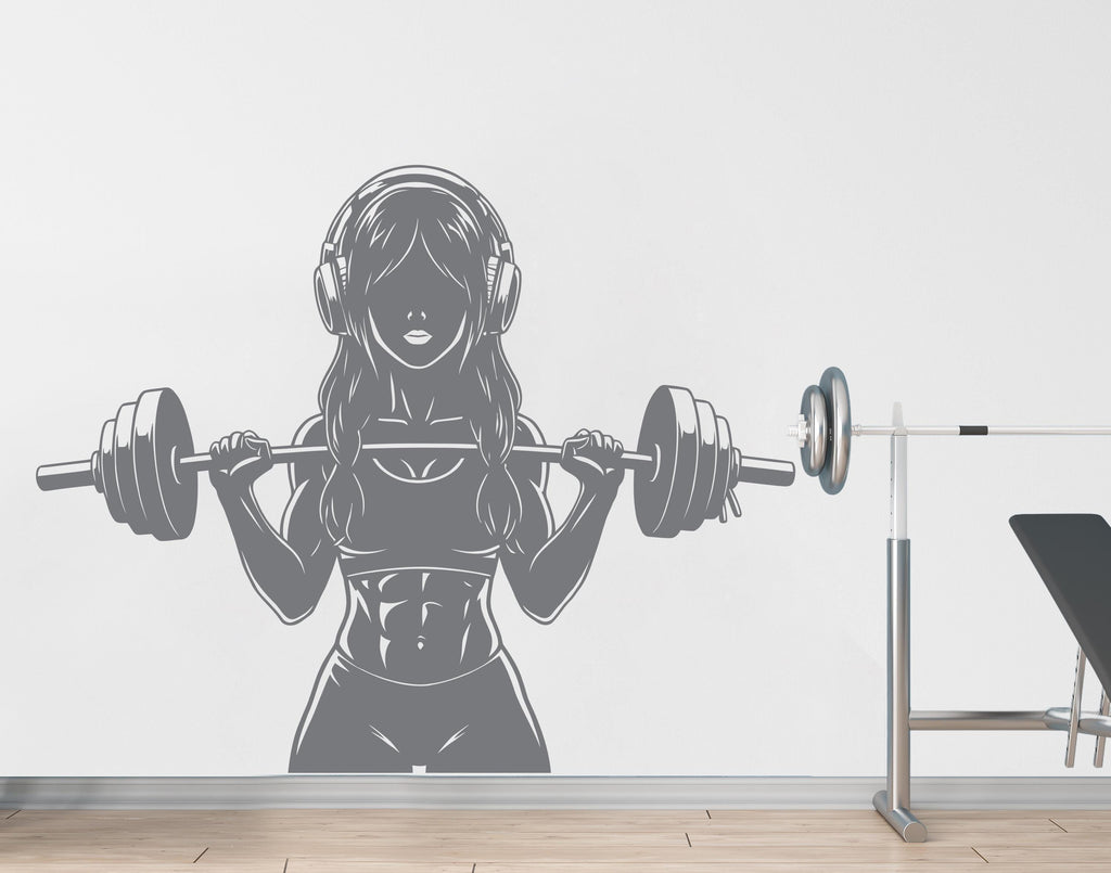Girl with Headphone Gym Wall Decal Power fitness Women Squat Decor Workout Art Vinyl Wall Stickers Bedroom 263DE
