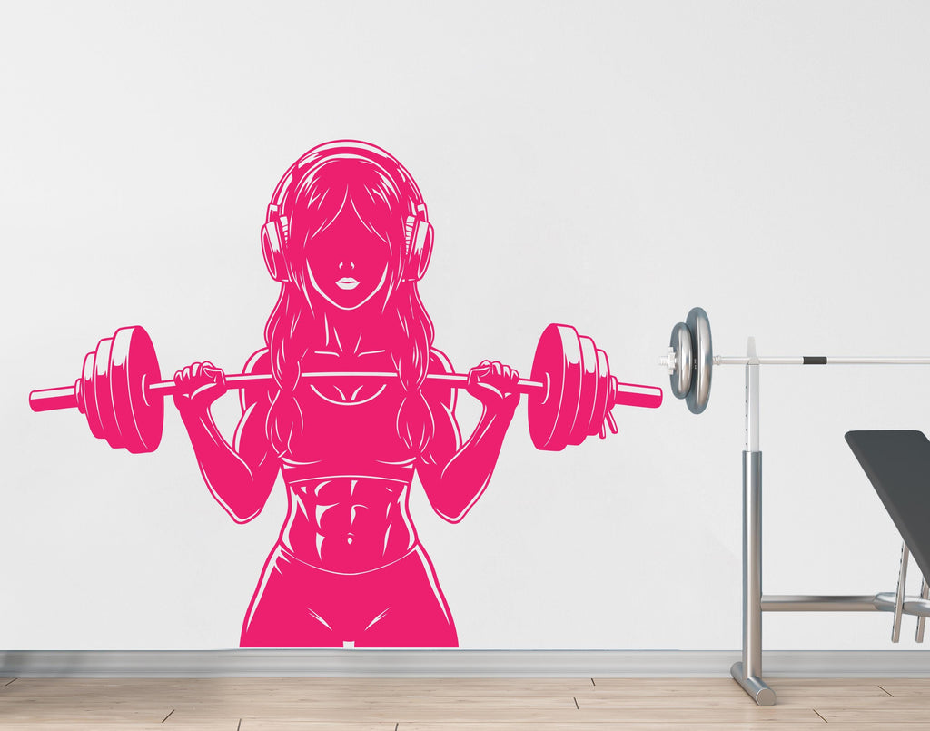 Girl with Headphone Gym Wall Decal Power fitness Women Squat Decor Workout Art Vinyl Wall Stickers Bedroom 263DE