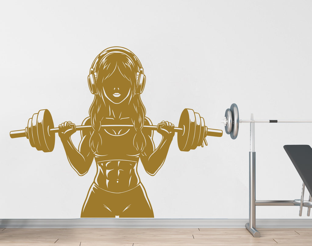 Girl with Headphone Gym Wall Decal Power fitness Women Squat Decor Workout Art Vinyl Wall Stickers Bedroom 263DE