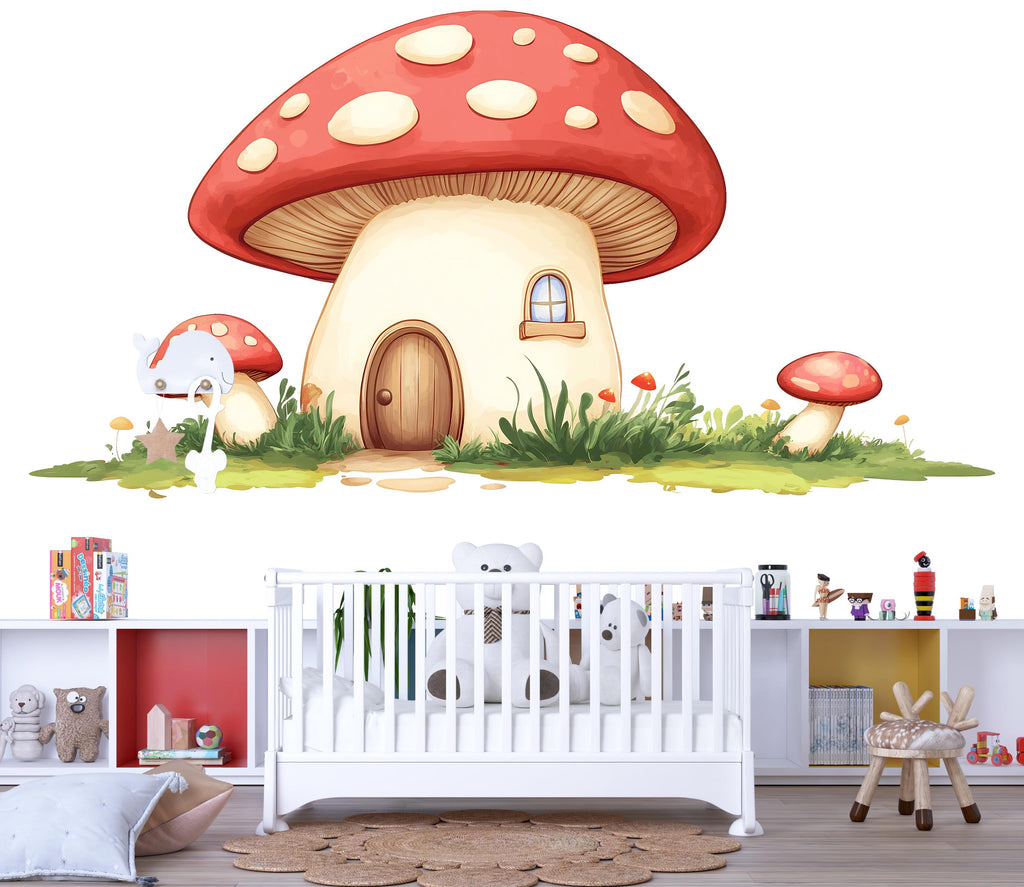 Kawaii Mushroom House Wall Decal, Fairy Nursery Wall Sticker, Woodland Kids Room Decor, Cute Mushroom Wall Art, Peel And Stick Nursery Decal
