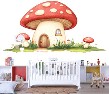 Load image into Gallery viewer, Kawaii Mushroom House Wall Decal, Fairy Nursery Wall Sticker, Woodland Kids Room Decor, Cute Mushroom Wall Art, Peel And Stick Nursery Decal