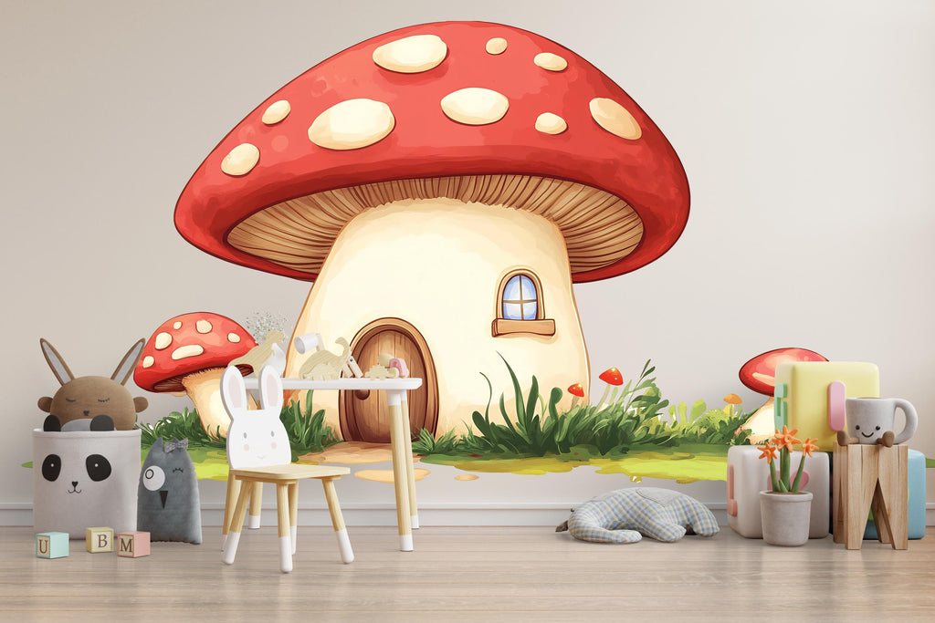 Kawaii Mushroom House Wall Decal, Fairy Nursery Wall Sticker, Woodland Kids Room Decor, Cute Mushroom Wall Art, Peel And Stick Nursery Decal