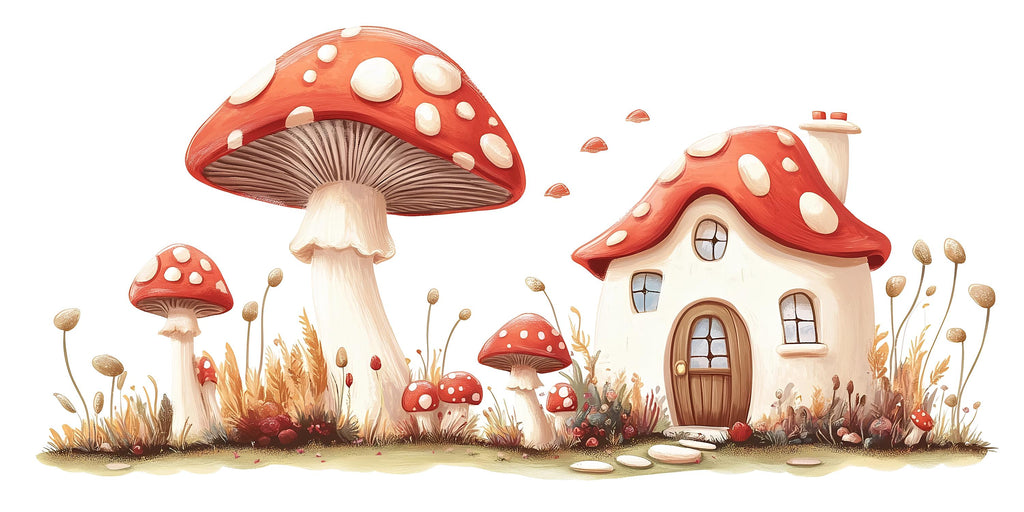 Kawaii Mushroom Village Wall Decal, Fairy Nursery Wall Sticker, Woodland Kids Room Decor, Storybook Mushroom Wall Art