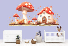 Load image into Gallery viewer, Kawaii Mushroom Village Wall Decal, Fairy Nursery Wall Sticker, Woodland Kids Room Decor, Storybook Mushroom Wall Art