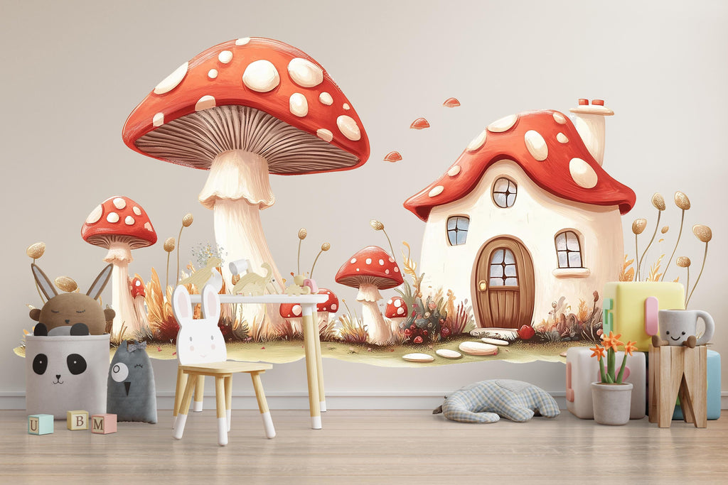 Kawaii Mushroom Village Wall Decal, Fairy Nursery Wall Sticker, Woodland Kids Room Decor, Storybook Mushroom Wall Art