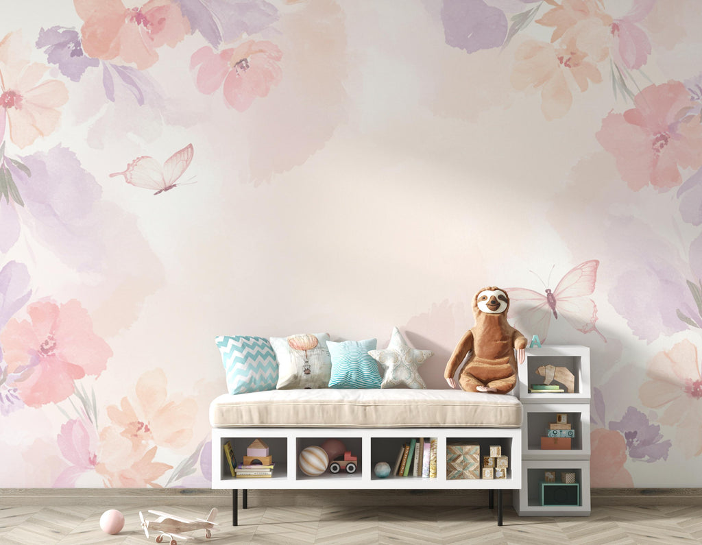 Butterfly Pastel Wallpaper, Hand Painted Butterfly Wall Mural, Neutral Kids Room Wallpaper, Soft Watercolor Baby Room Decor 267DE