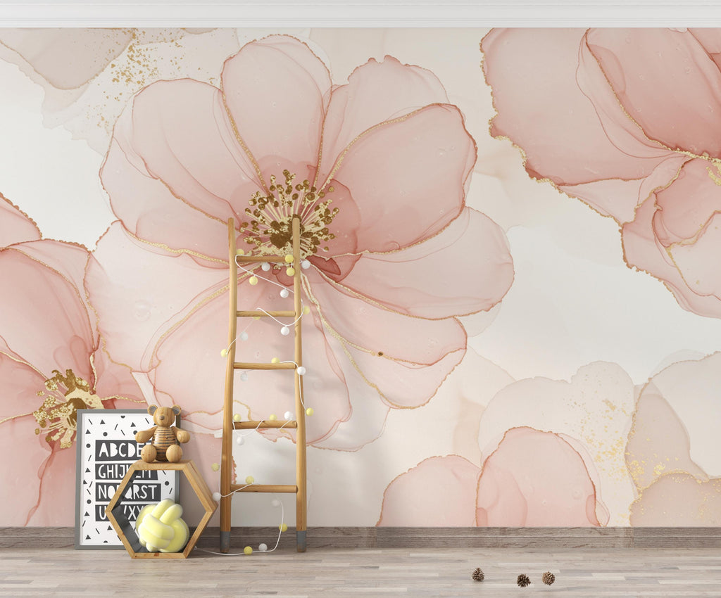 Couture Silk Floral Watercolor Wallpaper – Ultra-Luxury Panoramic Botanical Design in Blush, Champagne & Ivory 269DE