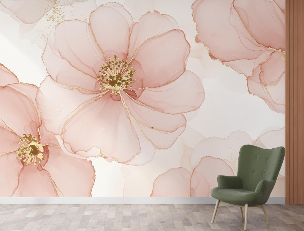 Couture Silk Floral Watercolor Wallpaper – Ultra-Luxury Panoramic Botanical Design in Blush, Champagne & Ivory 269DE