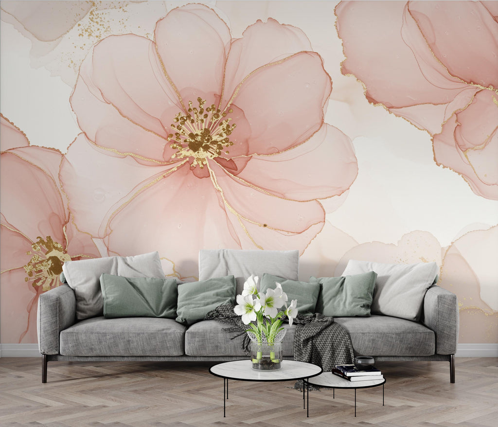 Couture Silk Floral Watercolor Wallpaper – Ultra-Luxury Panoramic Botanical Design in Blush, Champagne & Ivory 269DE