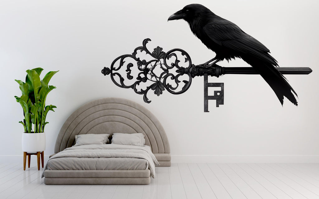 Gothic Raven Wall Decal With Antique Key, Dark Fantasy Wall Sticker, Raven Wall Art, Occult Home Decor, Peel And Stick Wall Decal