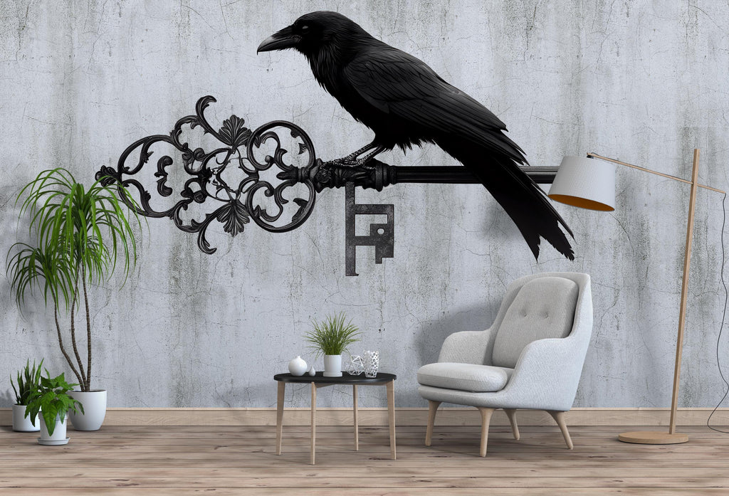 Gothic Raven Wall Decal With Antique Key, Dark Fantasy Wall Sticker, Raven Wall Art, Occult Home Decor, Peel And Stick Wall Decal