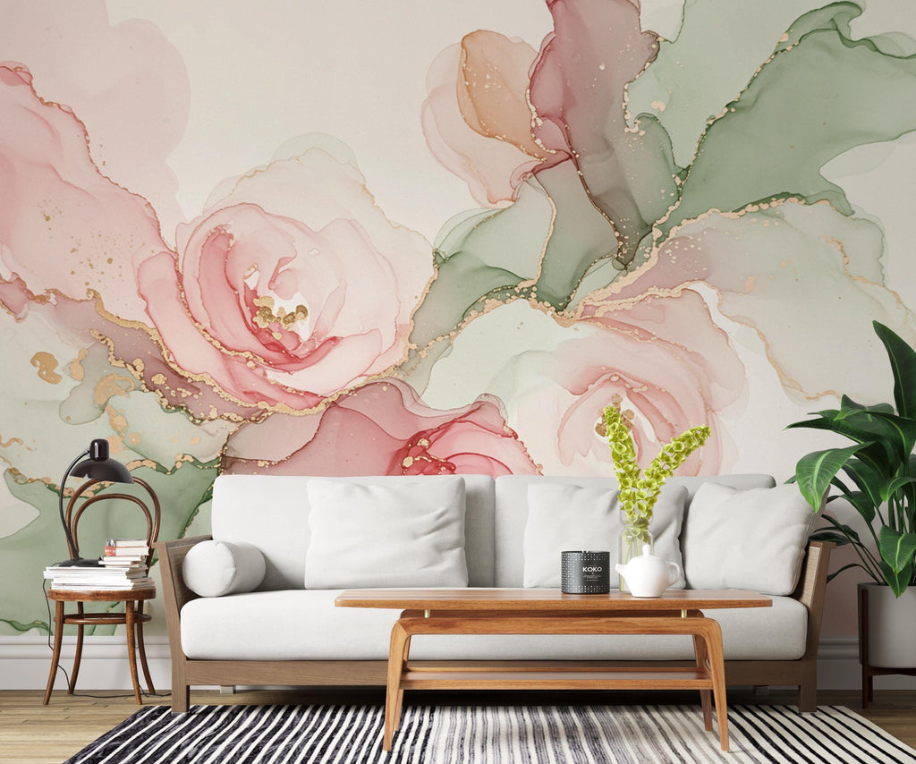 Silk-Inspired Floral Marble Watercolor Wallpaper – Ultra-Premium Couture Garden Panoramic Design in Soft Pink & Champagne 272DE