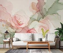 Load image into Gallery viewer, Silk-Inspired Floral Marble Watercolor Wallpaper – Ultra-Premium Couture Garden Panoramic Design in Soft Pink &amp; Champagne 272DE