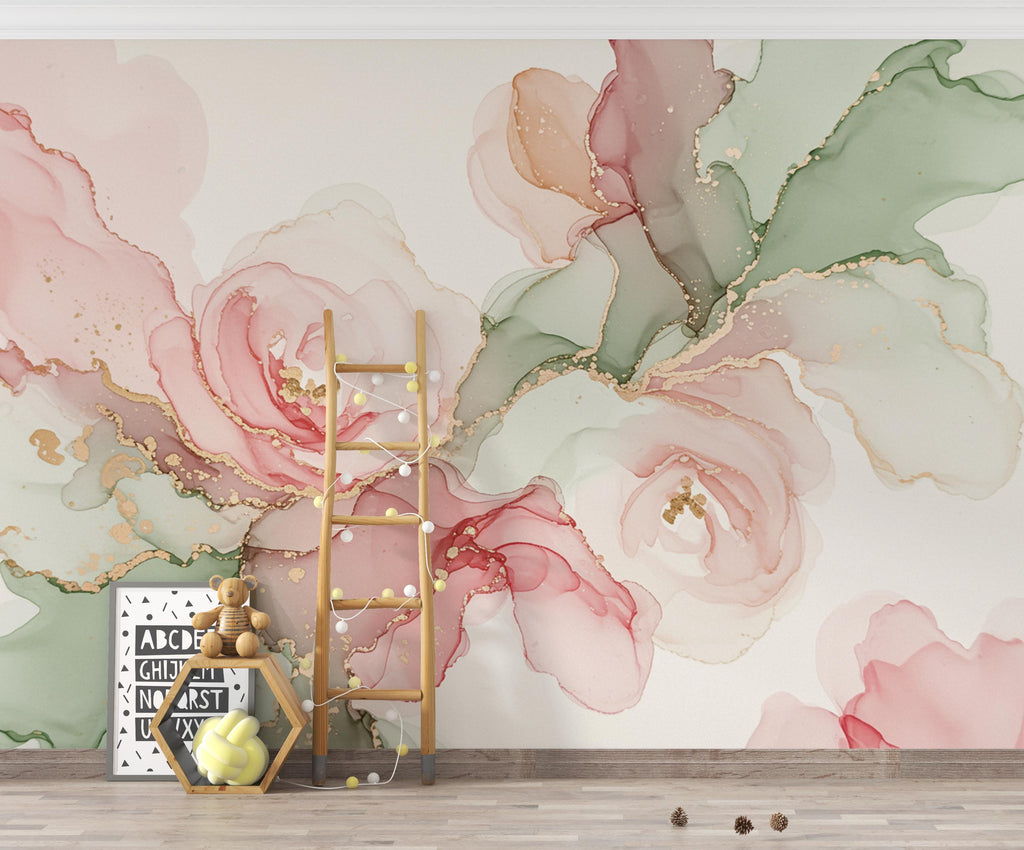 Silk-Inspired Floral Marble Watercolor Wallpaper – Ultra-Premium Couture Garden Panoramic Design in Soft Pink & Champagne 272DE