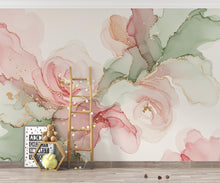 Load image into Gallery viewer, Silk-Inspired Floral Marble Watercolor Wallpaper – Ultra-Premium Couture Garden Panoramic Design in Soft Pink &amp; Champagne 272DE