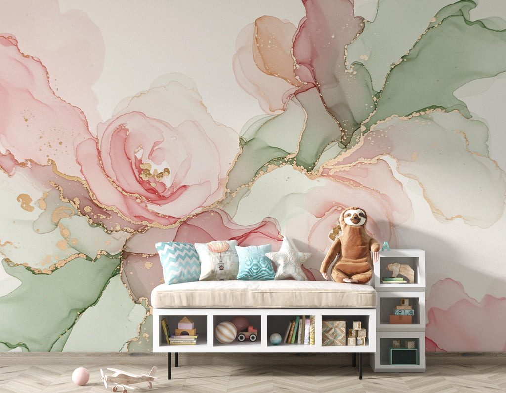 Silk-Inspired Floral Marble Watercolor Wallpaper – Ultra-Premium Couture Garden Panoramic Design in Soft Pink & Champagne 272DE