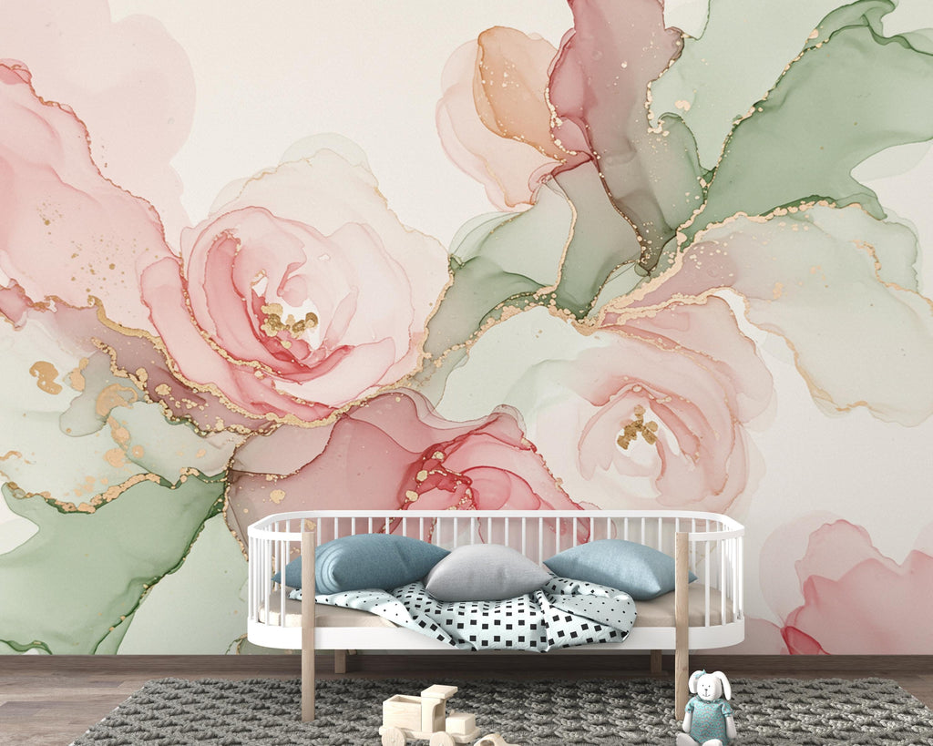 Silk-Inspired Floral Marble Watercolor Wallpaper – Ultra-Premium Couture Garden Panoramic Design in Soft Pink & Champagne 272DE