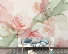Load image into Gallery viewer, Silk-Inspired Floral Marble Watercolor Wallpaper – Ultra-Premium Couture Garden Panoramic Design in Soft Pink &amp; Champagne 272DE